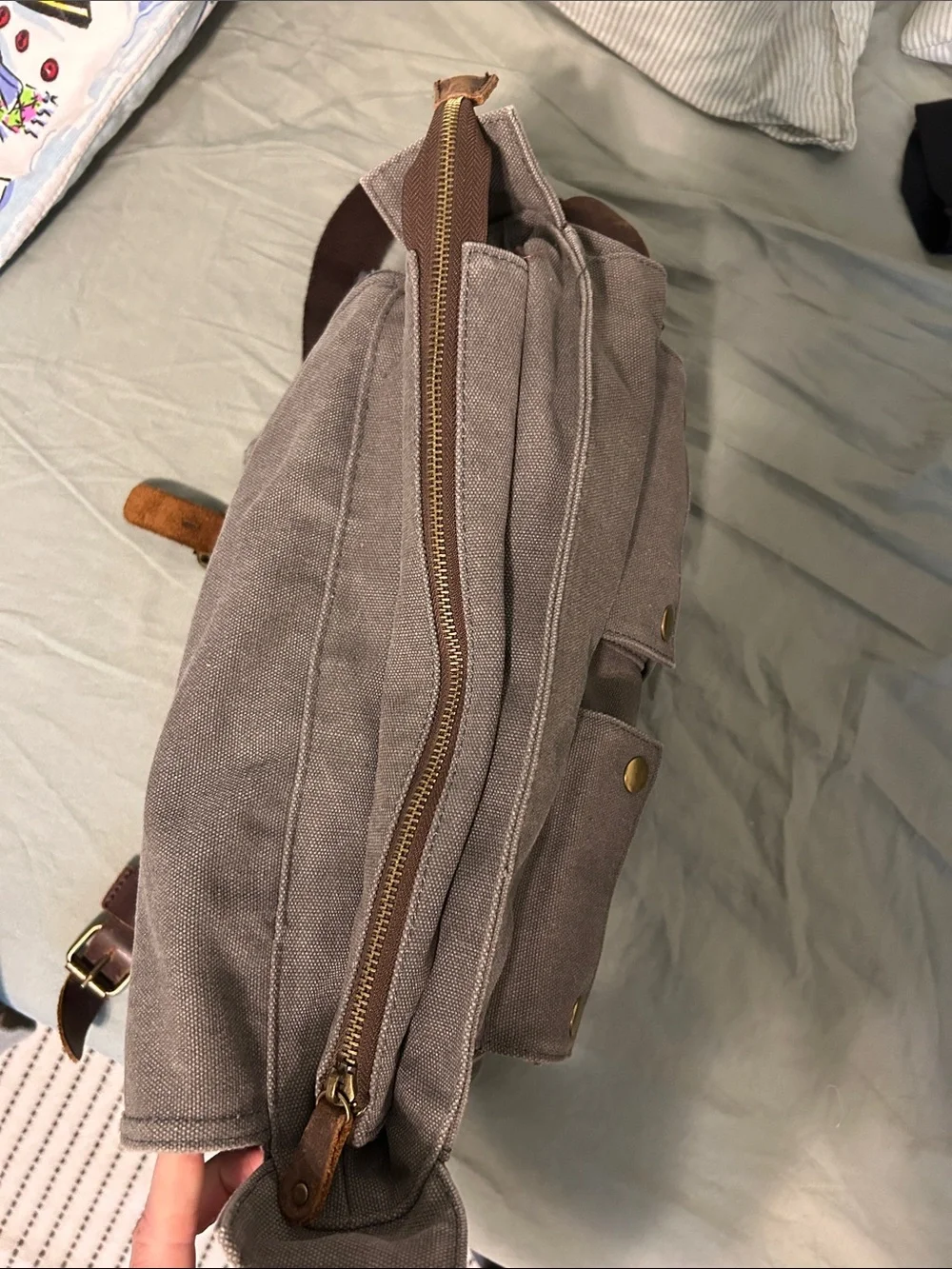 Peace Chaos Canvas Messenger Bag with Brown Leather Straps